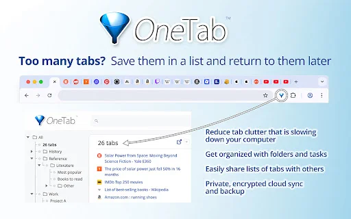 OneTab: Economize até 95% de Memória RAM e Organize seus Navegadores - Screenshot 1